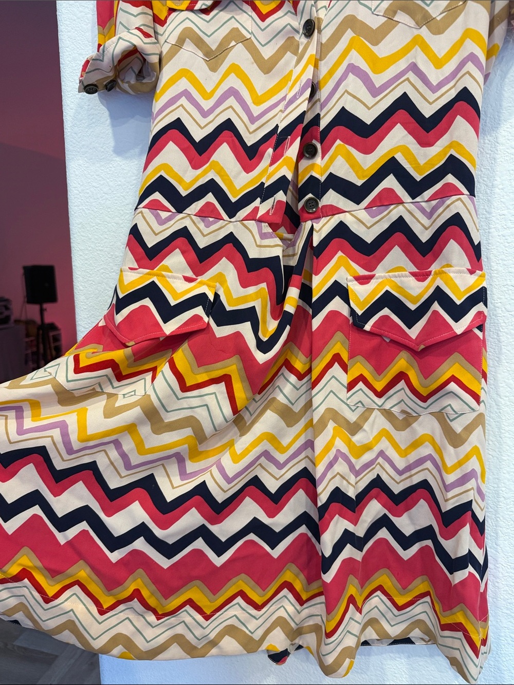 Diane Von Furstenberg Chevron Short Sleeve Mini Dress in Red, Yellow & Black - Picture 6 of 7